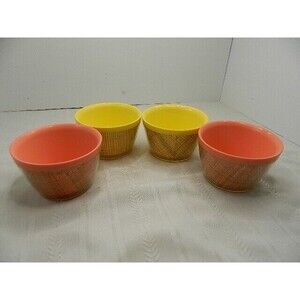 4 Vintage Raffia ware Burlap Woven Insulated Thermo Plastic Cereal/Soup Bowls